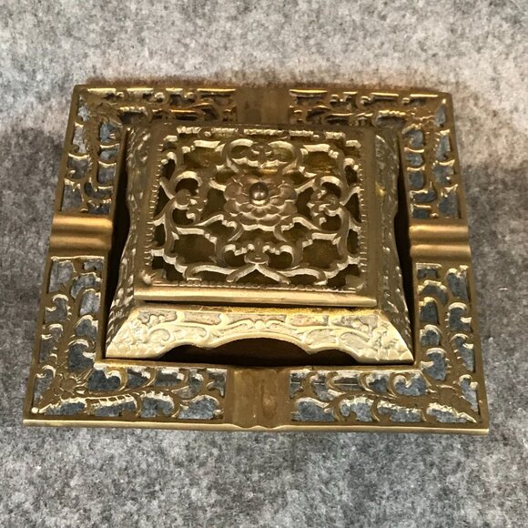 Vintage Brass Ashtray with Flip Top Cigarette Holder Box - Picture 3 of 10